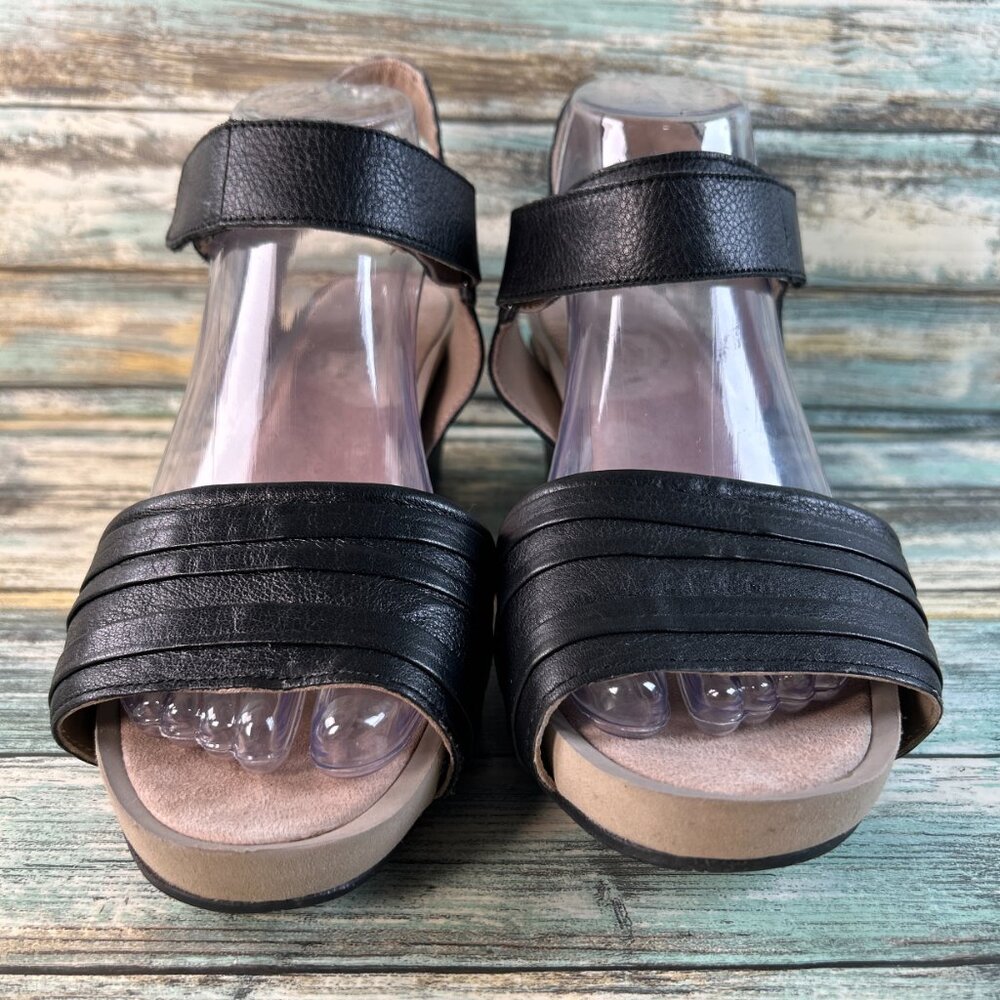 Hush Puppies Wedge Sandal Womens Sz 10W Black Leather Dress Open Toe Hook & Loop